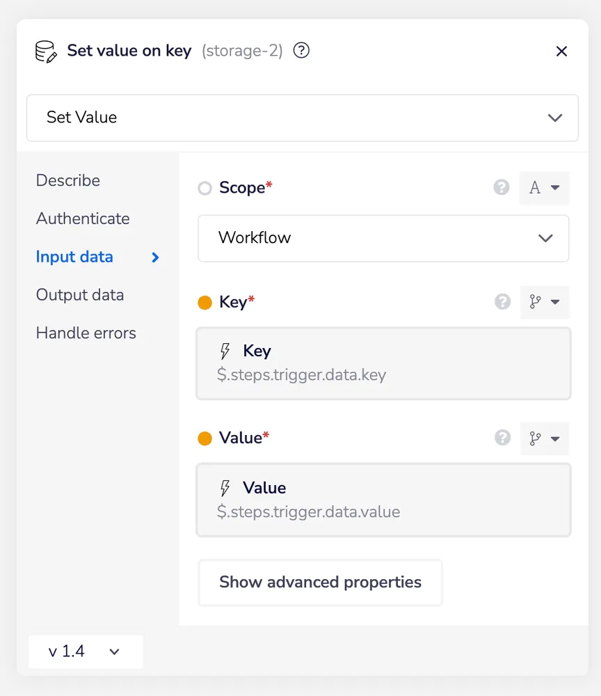 Tray "Set value on key" data storage step set to Workflow scope with Key bound to $.steps.trigger.data.key and Value bound to $.steps.trigger.data.value