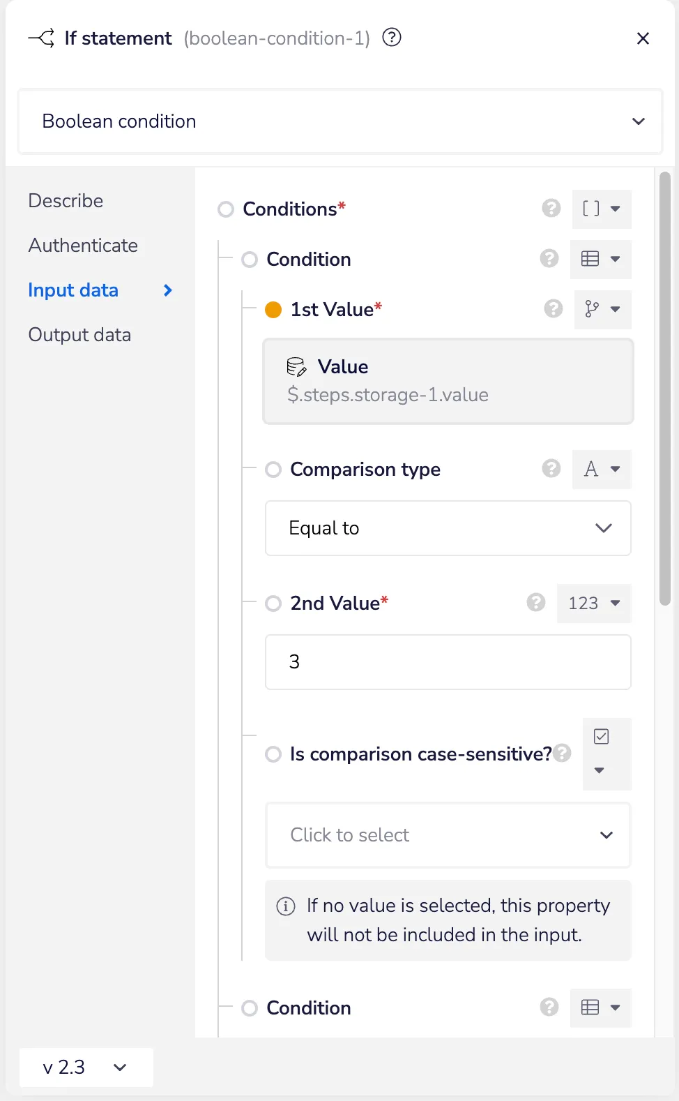 Boolean condition config for the if-statement step with first Condition checking storage-1.value Equal to 3