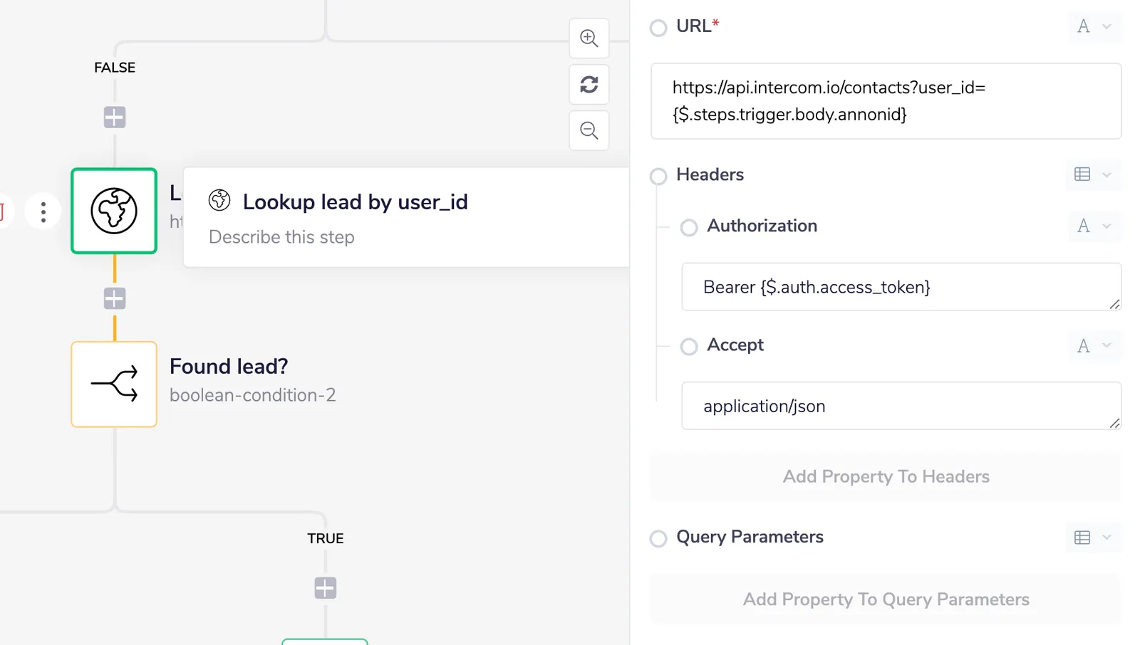 Universal Connector "Lookup lead by user_id" step configured with URL https://api.intercom.io/contacts?user_id={trigger.body.annonid} and Bearer access token authorization.