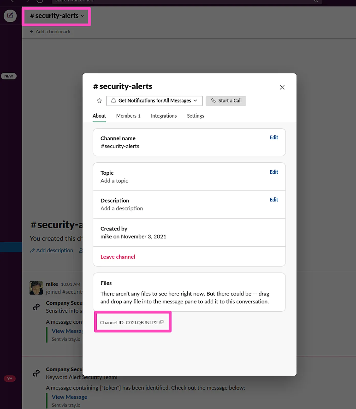Slack channel details panel for #security-alerts highlighting the channel name at top and the Channel ID C02LQBJNLP2 at the bottom of the dialog