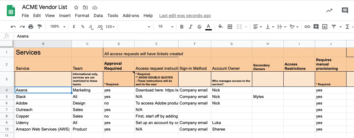 Google Sheets "ACME Vendor List" with columns for Service, Team, Approval Required, Access request instructions, Sign-in Method, Account Owner, and provisioning flags