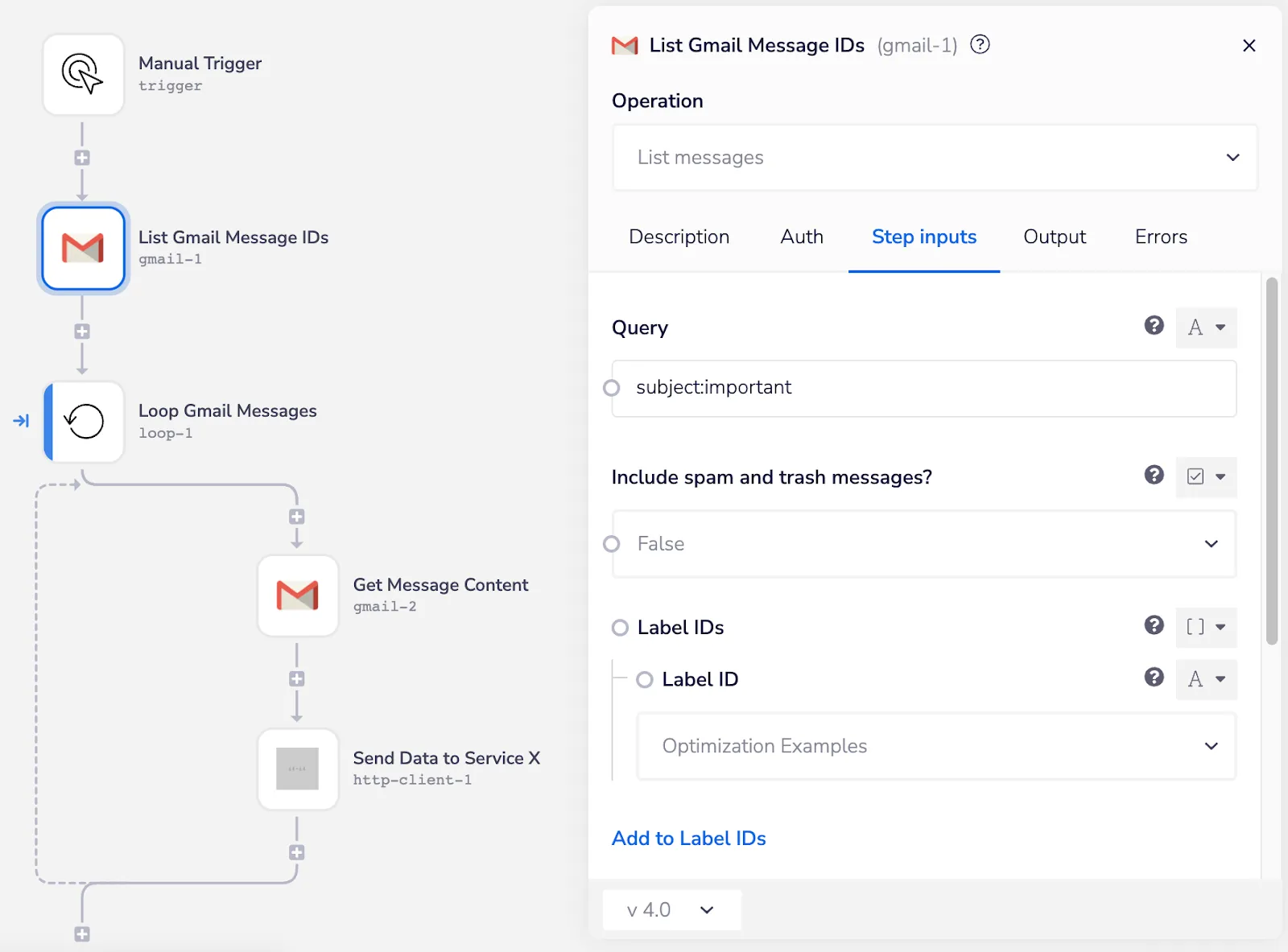 Optimized Tray workflow using Gmail's subject:important Query parameter so the loop only iterates over important messages, with no boolean condition