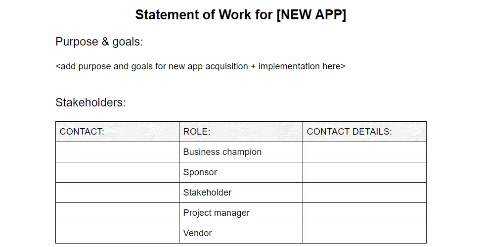 Illustration of a statement of work being signed off as part of a software procurement and implementation process