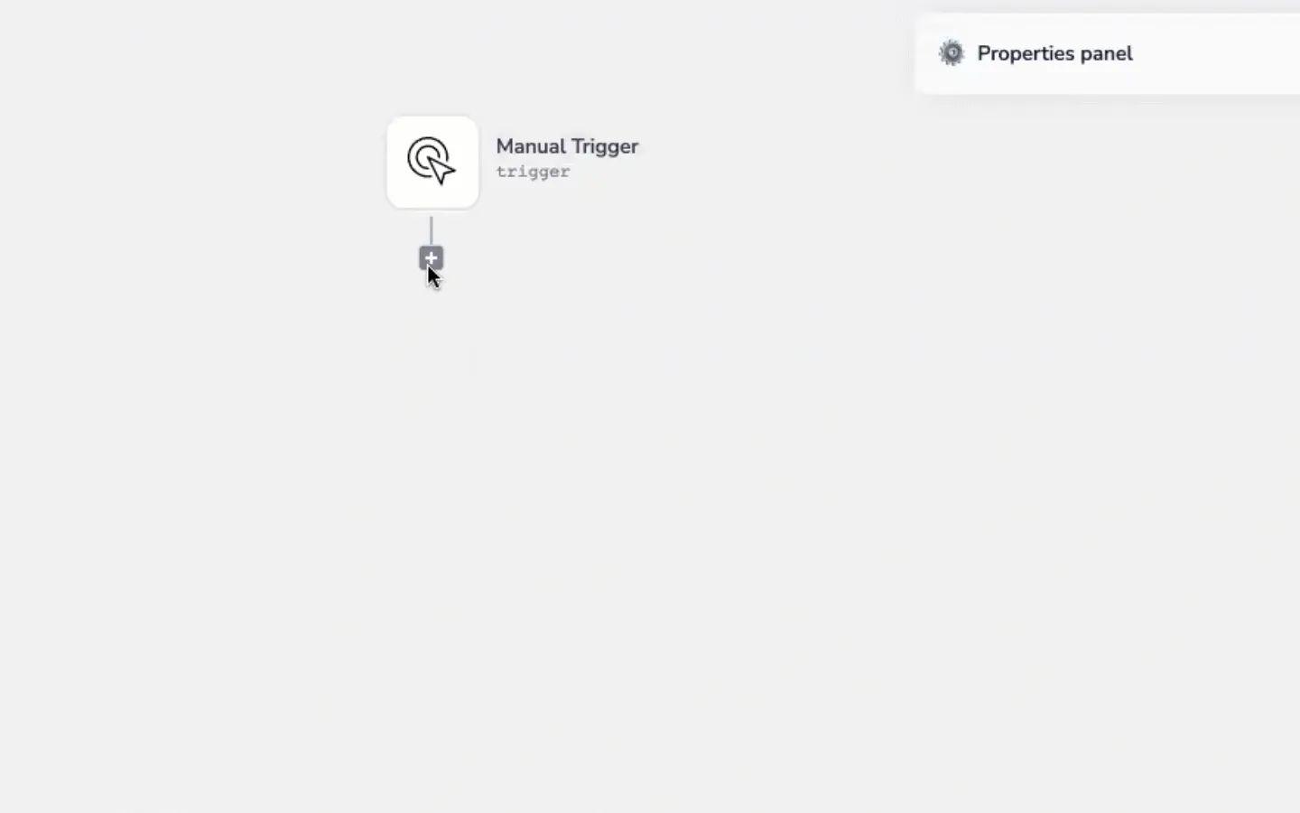Animation of the Tray workflow builder starting from a Manual Trigger step on an otherwise empty canvas with the Properties panel docked to the right.