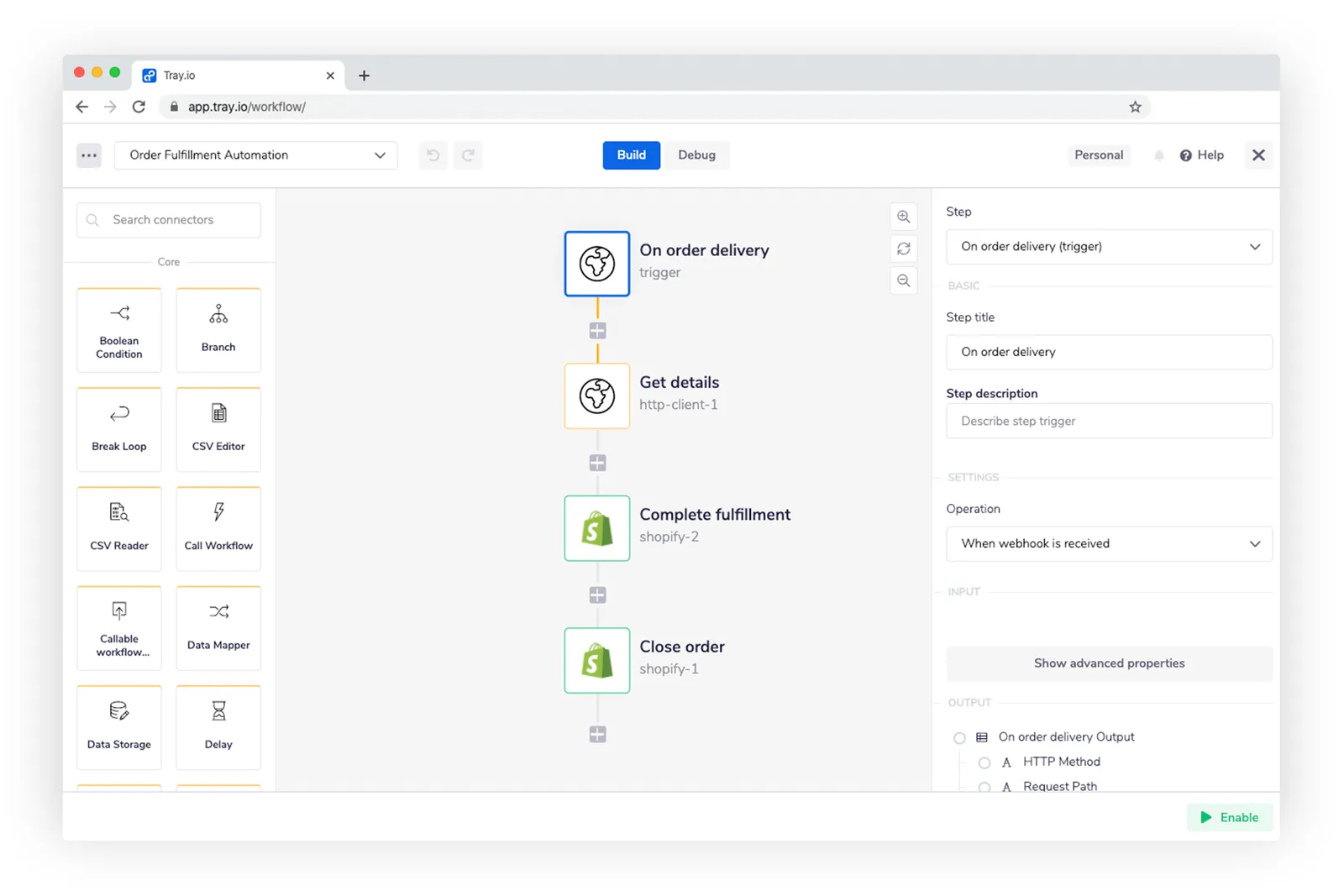 Tray workflow that triggers on order delivery, gets details via HTTP client, then completes the fulfillment and closes the order in Shopify