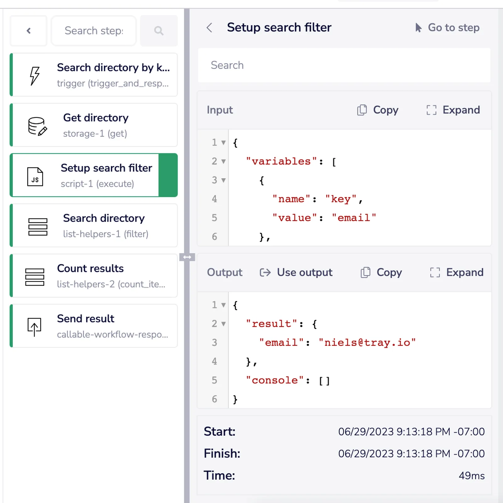 Tray workflow logs panel showing the Setup search filter script input variables and the resulting JSON output for niels@tray.io