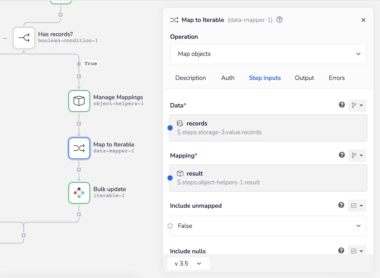 Data Mapper helper Map to Iterable using the Map objects operation, sourcing records from storage and the mappings object from an object helper.