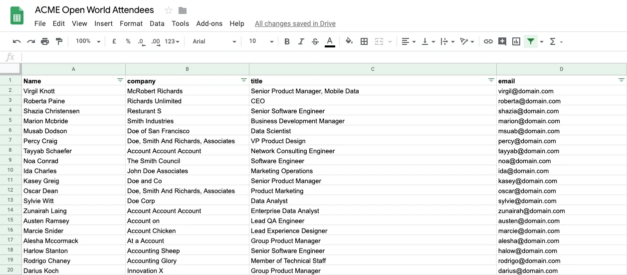 Google Sheet "ACME Open World Attendees" listing 20 sample contacts with columns for Name, company, title, and email — placeholder rows like Virgil Knott at McRobert Richards.