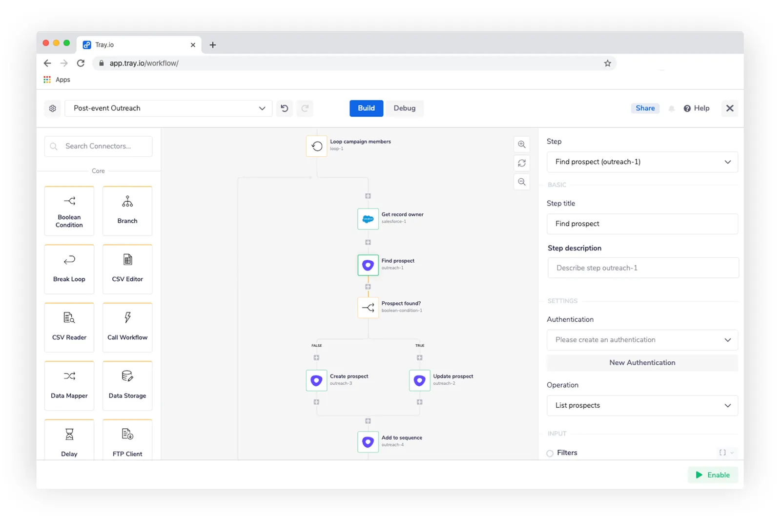Tray workflow with a Loop campaign members step iterating Get record owner from Salesforce, Find prospect in Outreach, a Prospect found? boolean that branches to Create or Update prospect, then Add to sequence