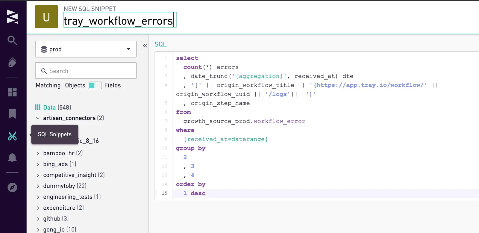 Sisense New SQL Snippet editor with name tray_workflow_errors and the workflow errors SELECT query in the body.