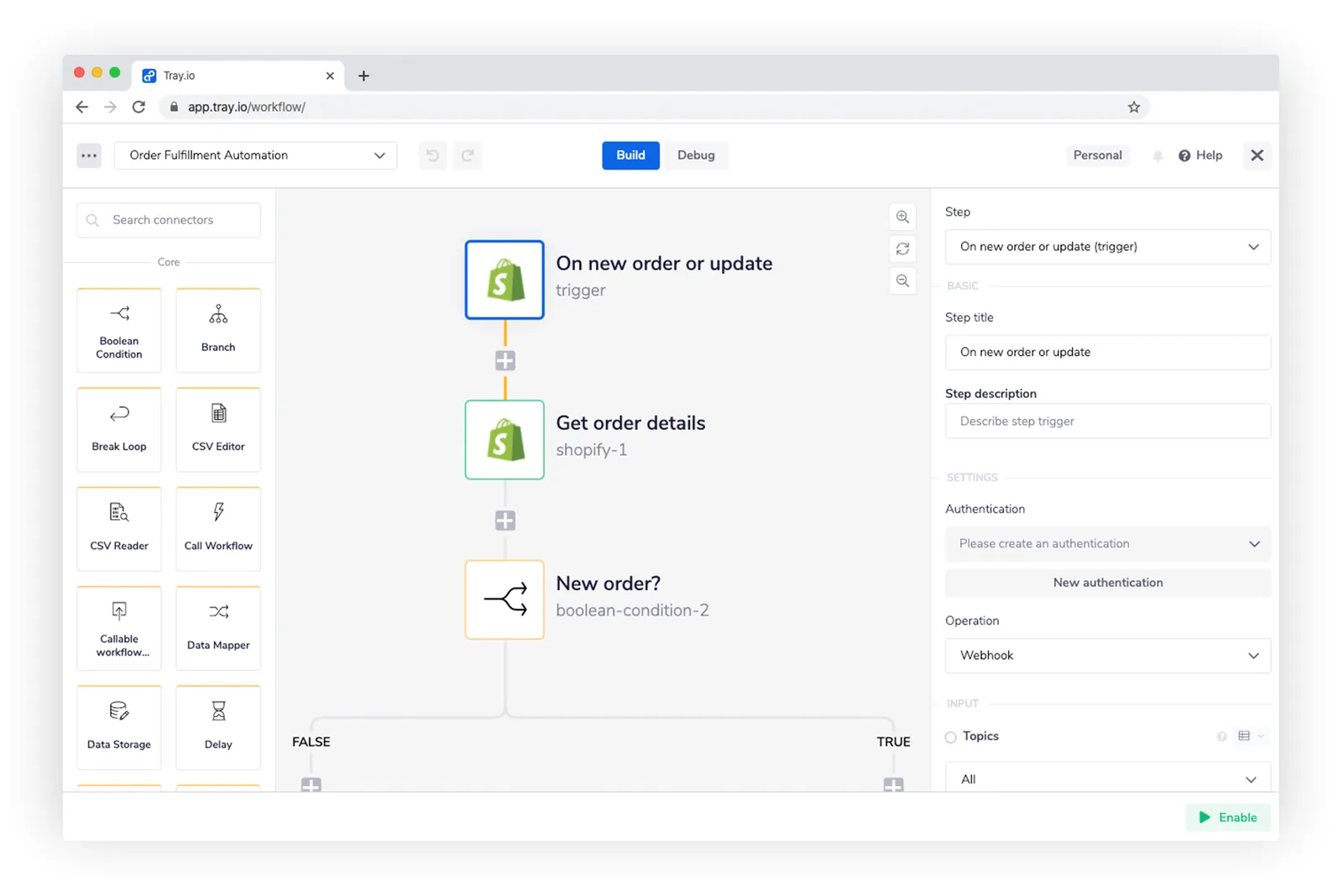 Tray workflow canvas showing an Order Fulfillment Automation with steps: On new order or update, Get order details (Shopify), and a New order? boolean branch
