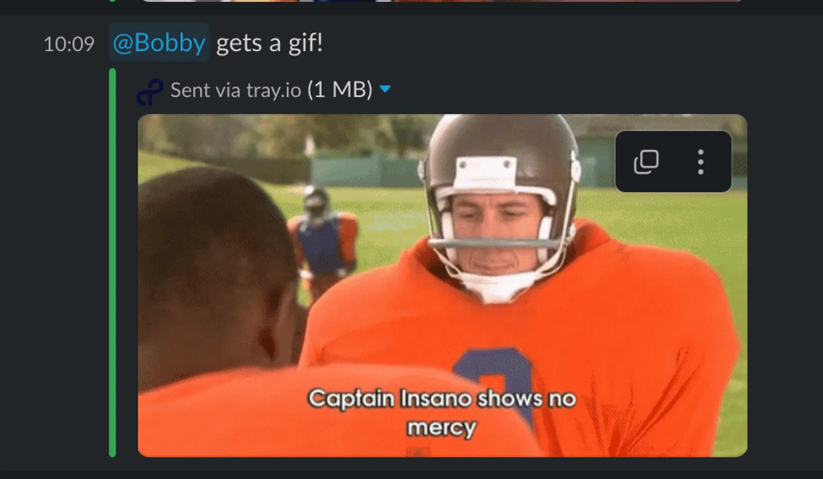 Slack message from a Tray.io app sending a congratulatory Captain Insano GIF to a teammate named Bobby