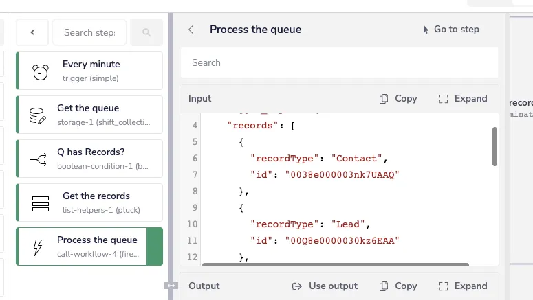 Process the queue step log showing mixed Contact and Lead records being passed to the processor as a records array.