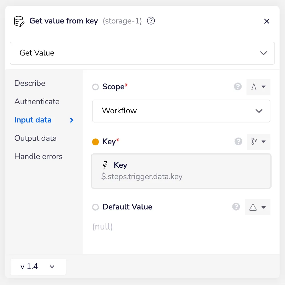 Tray "Get value from key" data storage step set to Workflow scope, with the Key bound to $.steps.trigger.data.key and Default Value null