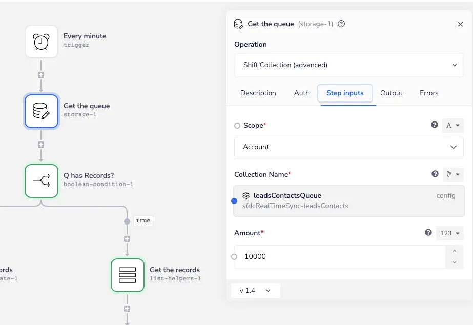 Data Storage helper using the Shift Collection (advanced) operation with Amount set to 10000 to drain up to 10k queued records.