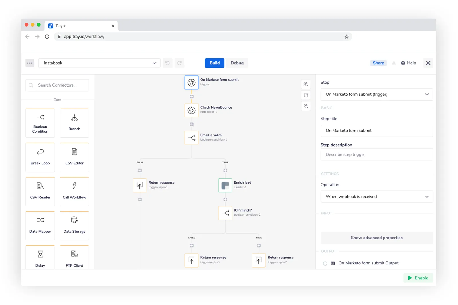 Tray "Instabook" workflow in the builder: On Marketo form submit webhook trigger, Check NeverBounce HTTP step, Email is valid? boolean branching to Return response on FALSE or to Enrich lead via Clearbit and ICP match? on TRUE, with Return response branches for both outcomes.