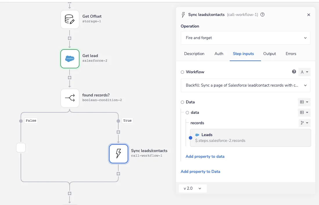 Call Workflow helper using Fire and forget to hand each page of Salesforce leads to the async backfill processor.