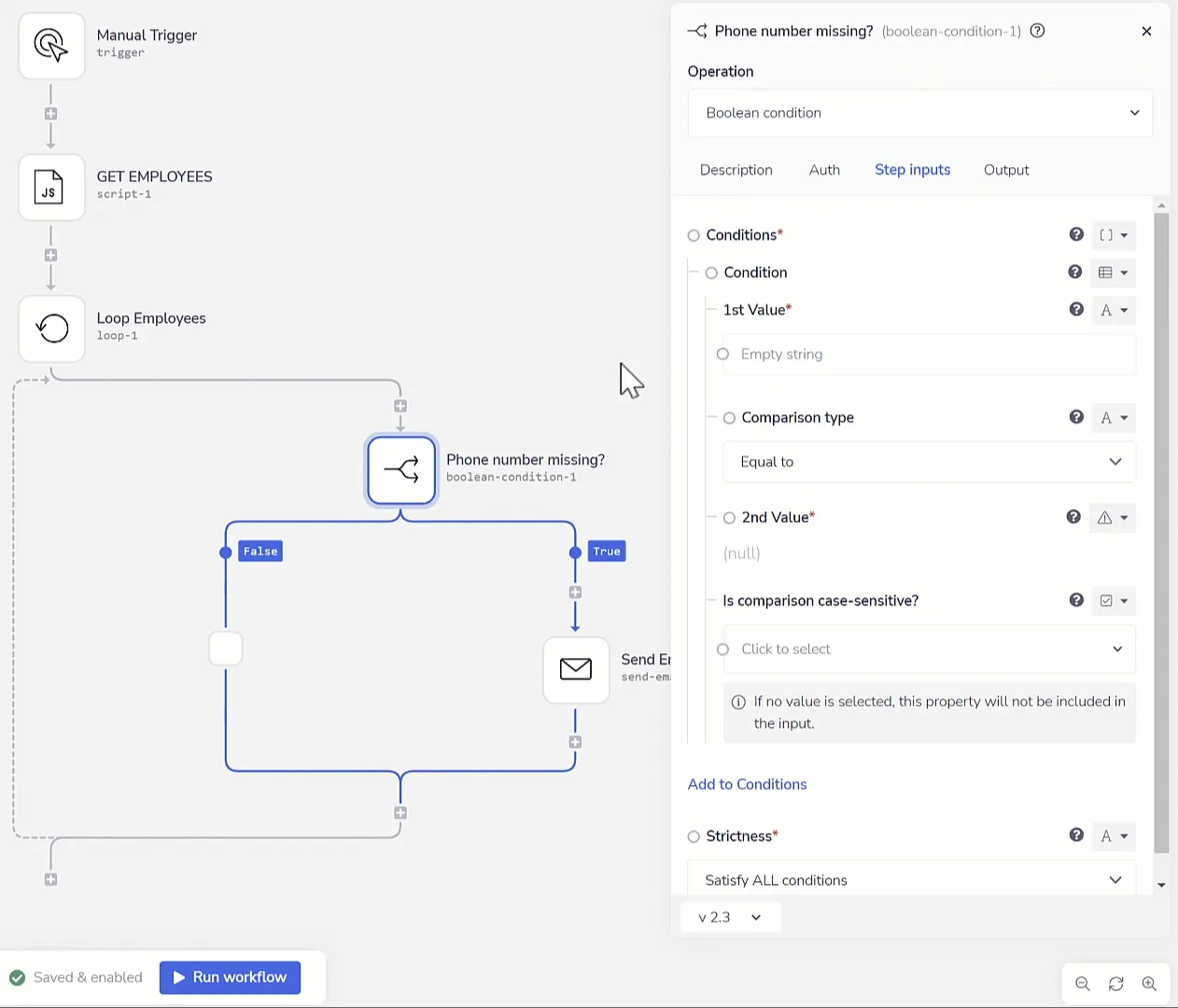 Tray workflow with Manual Trigger, Get Employees script, Loop Employees, and a Phone number missing? boolean condition routing to a Send Email step, with the condition's step inputs open on the right.