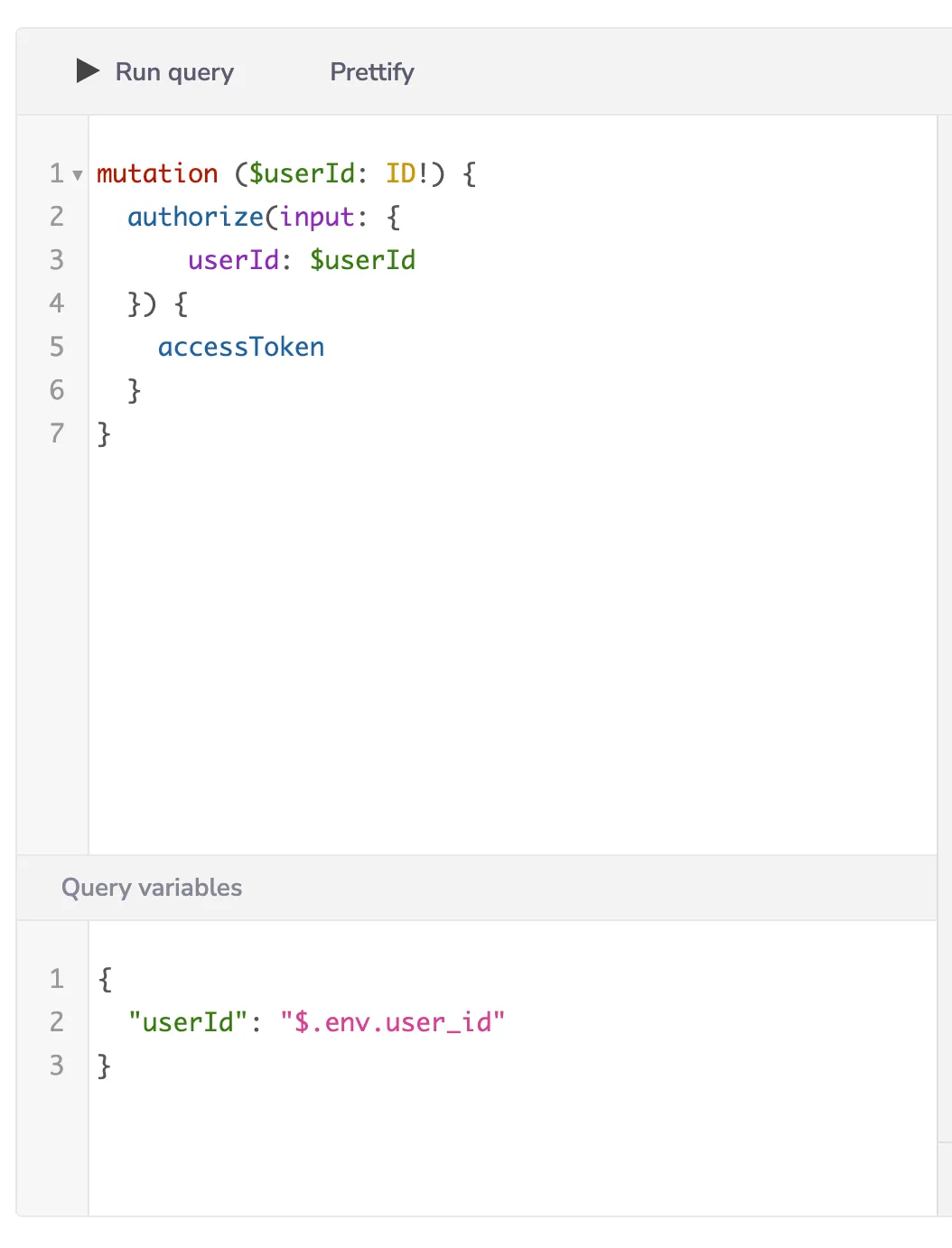 GraphQL authorize mutation that takes a userId and returns an accessToken, with userId variable set to $.env.user_id