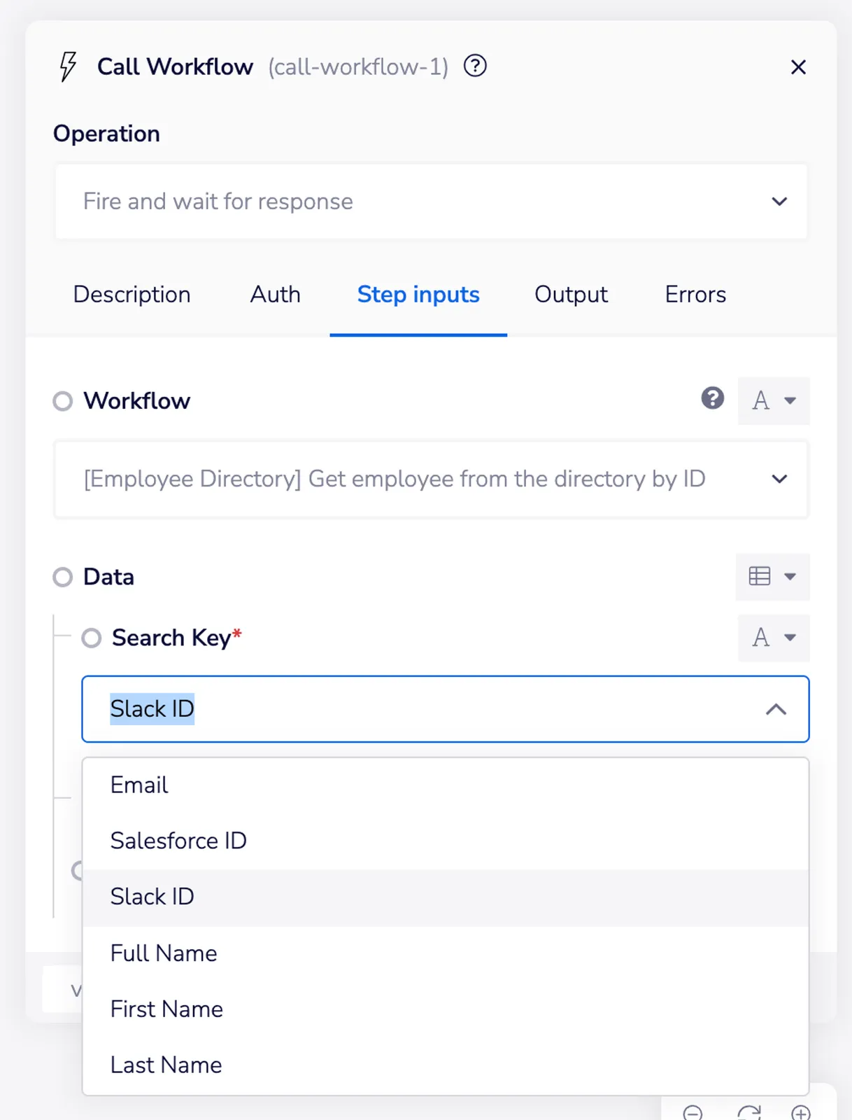 Search Key dropdown open showing options Email, Salesforce ID, Slack ID, Full Name, First Name, Last Name with Slack ID selected