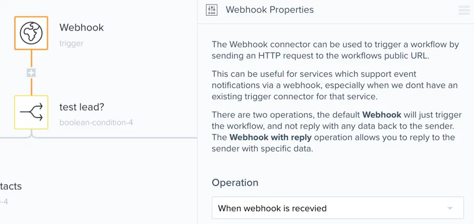 Webhook trigger step properties panel in Tray showing the "When webhook is received" operation.