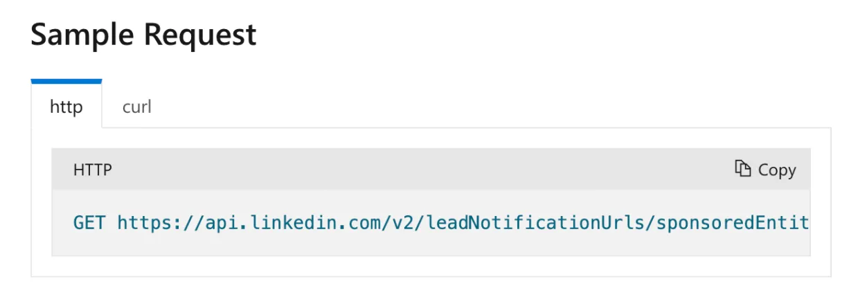 Sample HTTP GET request to api.linkedin.com leadNotificationUrls endpoint by sponsoredEntity
