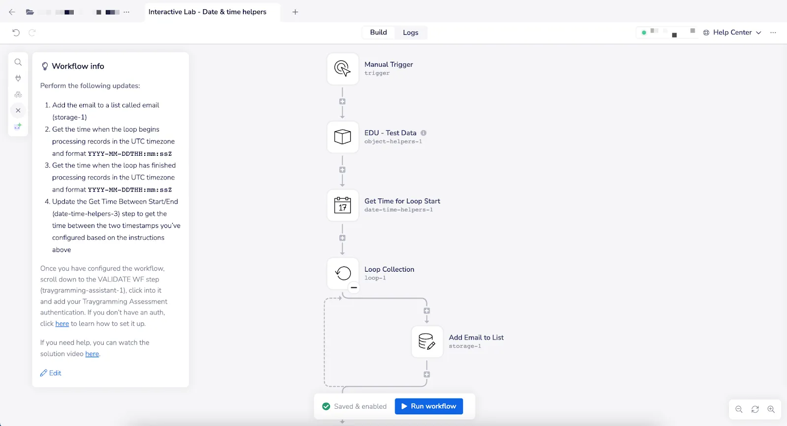 Tray Academy interactive lab for date and time helpers with instructions on the left and a workflow canvas showing a manual trigger, EDU test data, loop, and Add Email to List step.