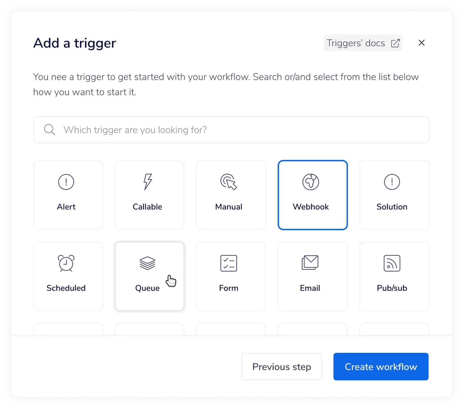 Tray "Add a trigger" dialog with tiles for Alert, Callable, Manual, Webhook (highlighted), Solution, Scheduled, Queue, Form, Email and Pub/sub trigger types