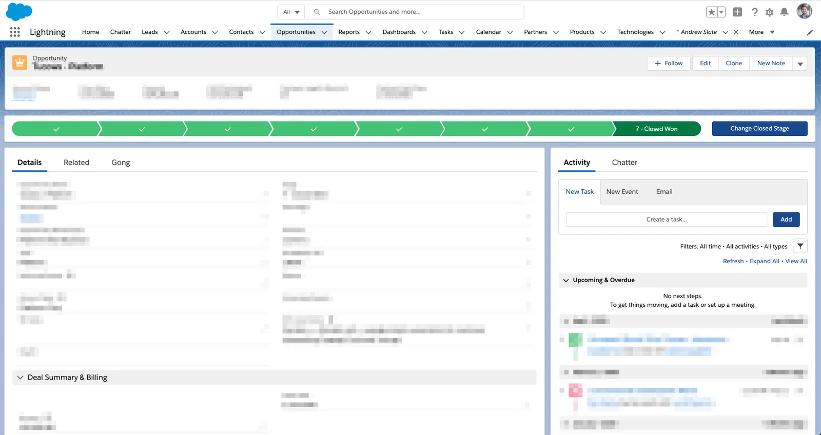 Salesforce Lightning Opportunity record view with a green sales-stage path set to Closed Won, Details and Activity panels, and Deal Summary section below.