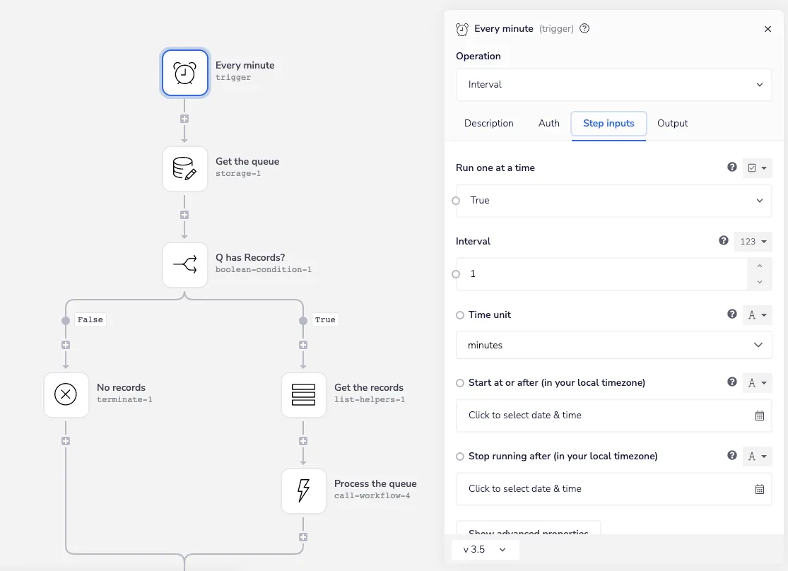 Tray workflow with an Every minute scheduled trigger set to Interval, branching on whether the queue has records before processing.