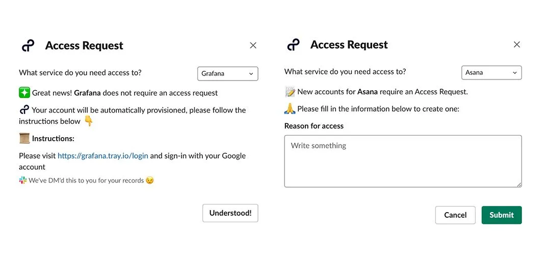 Two Slack Access Request modals side by side — Grafana (no access request needed, auto-provisioned with sign-in instructions) and Asana (requires access request with a Reason for access field)