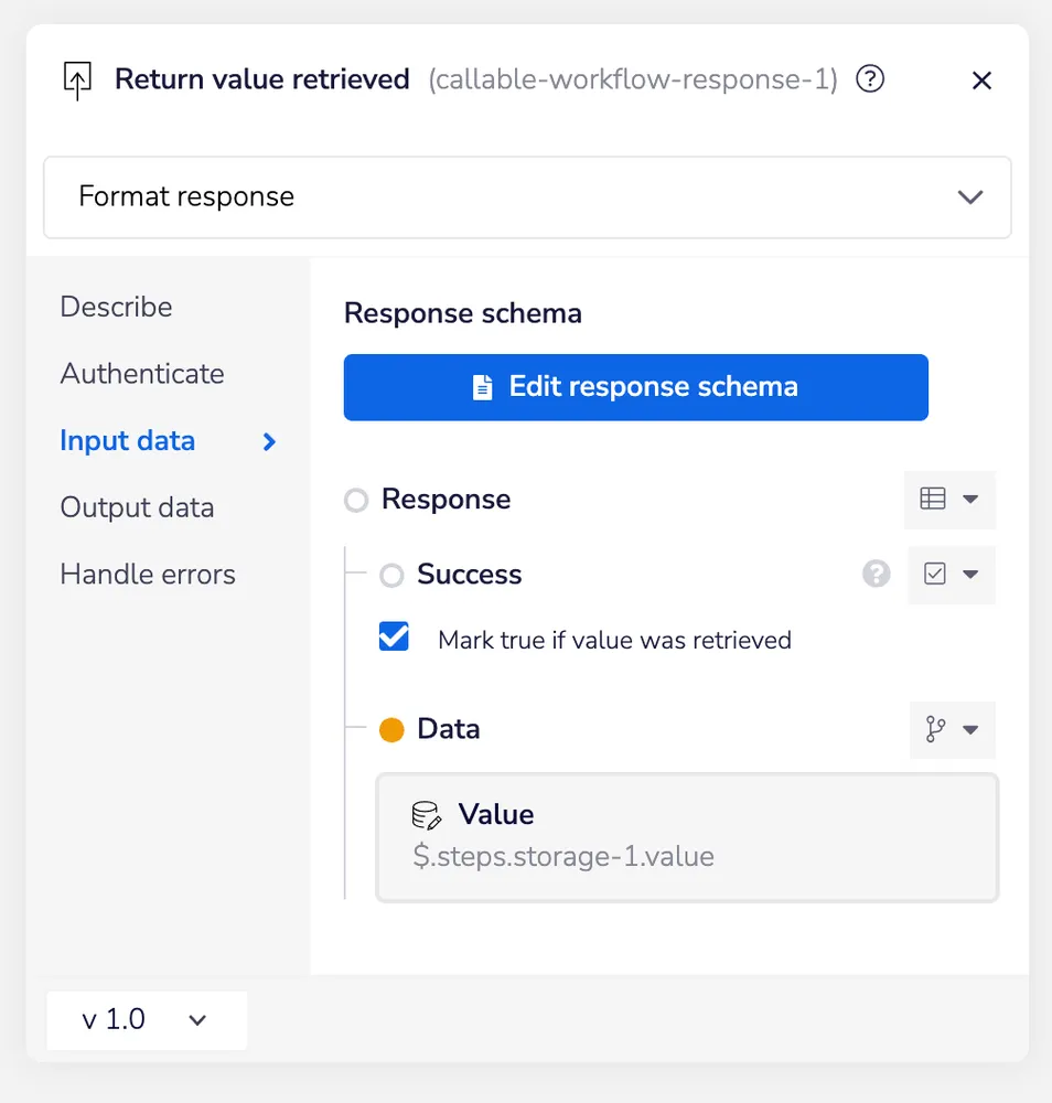 Tray "Return value retrieved" callable response config — Success ticked true, Data populated with $.steps.storage-1.value