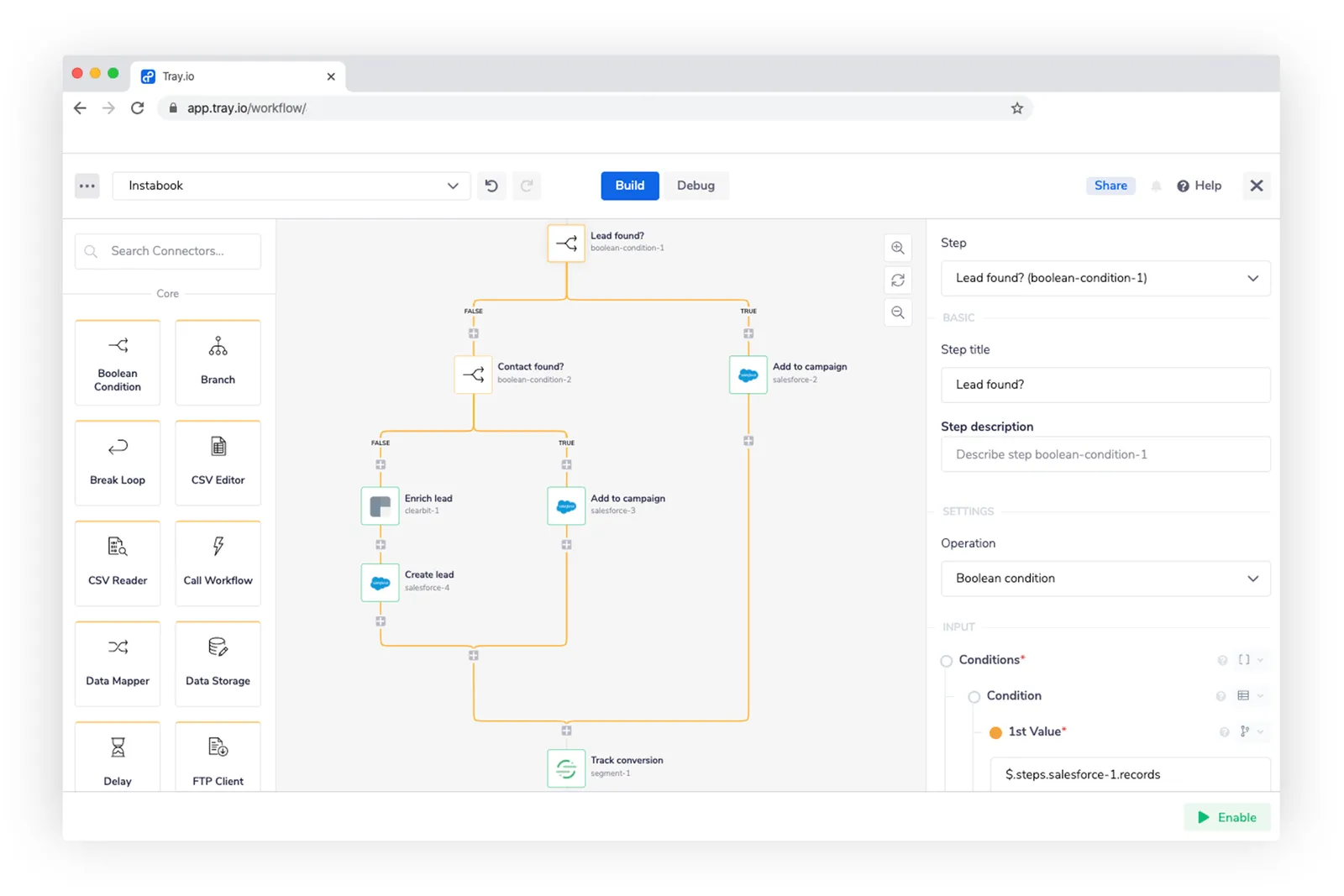 Continuation of the Sleeknote workflow: Lead found? boolean branching to Add to campaign on TRUE, or Contact found? on FALSE which then either adds to a campaign or runs Enrich lead in Clearbit before Create lead in Salesforce, with both paths converging in a segment Track conversion step.