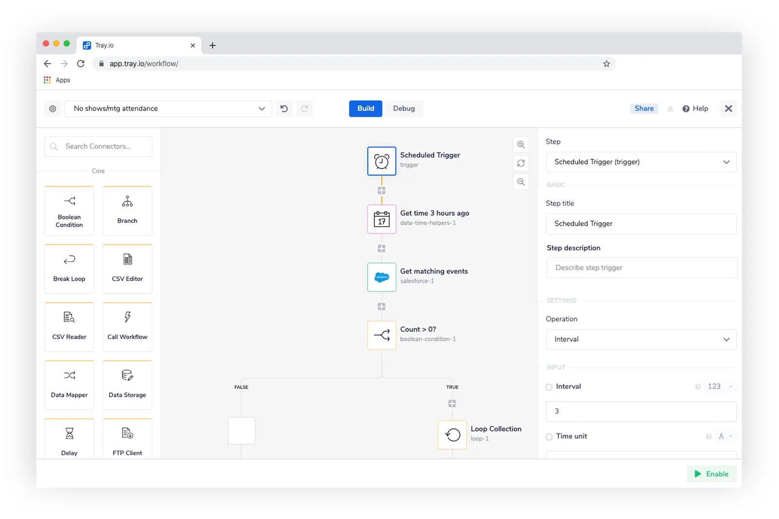 Tray.io workflow builder showing "No shows/mtg attendance": Scheduled Trigger → Get time 3 hours ago → Get matching events from Salesforce → Count > 0? branch → Loop Collection on TRUE