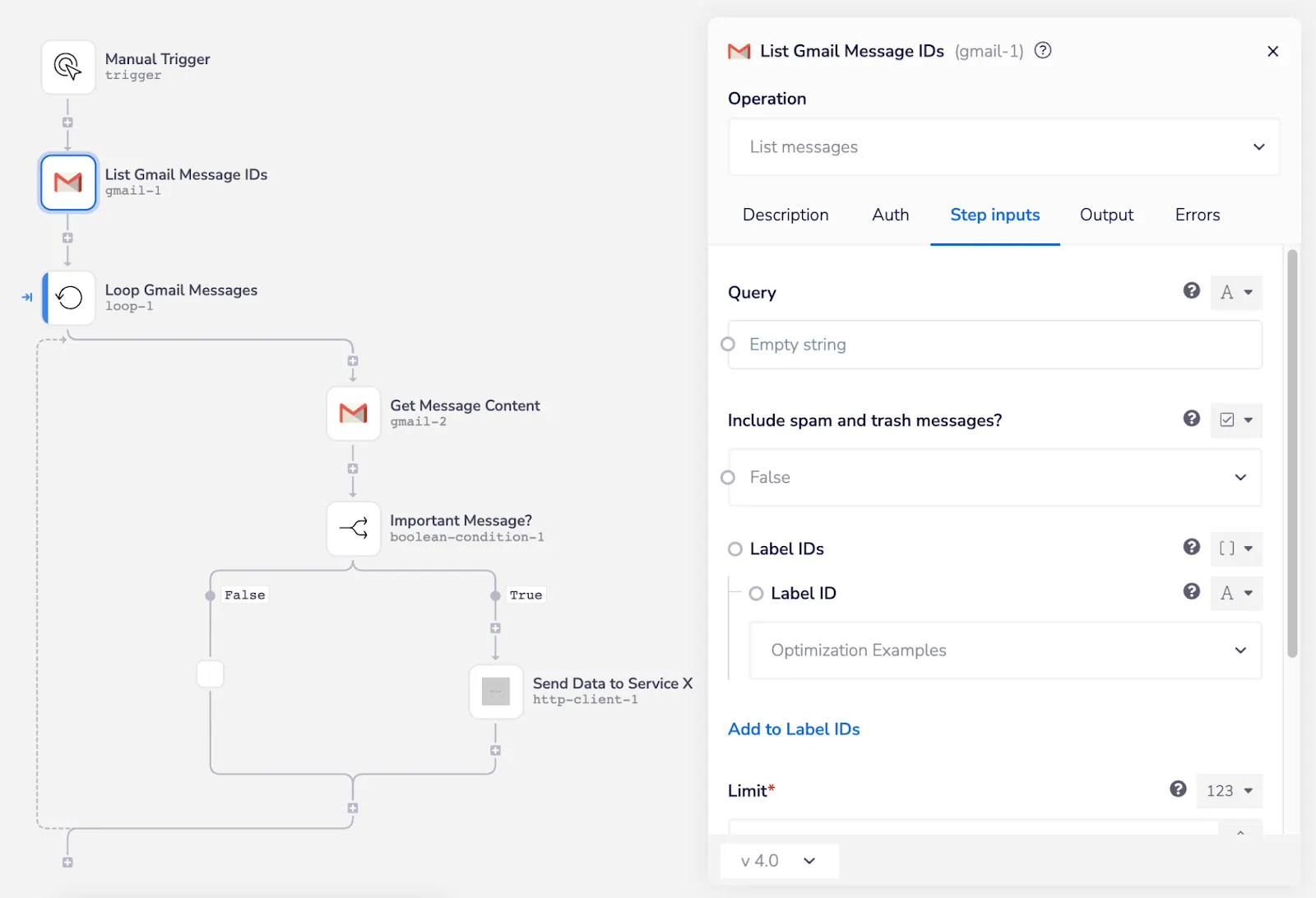 Tray workflow listing all Gmail messages and looping through each to fetch content and check an "Important Message?" boolean before sending to Service X