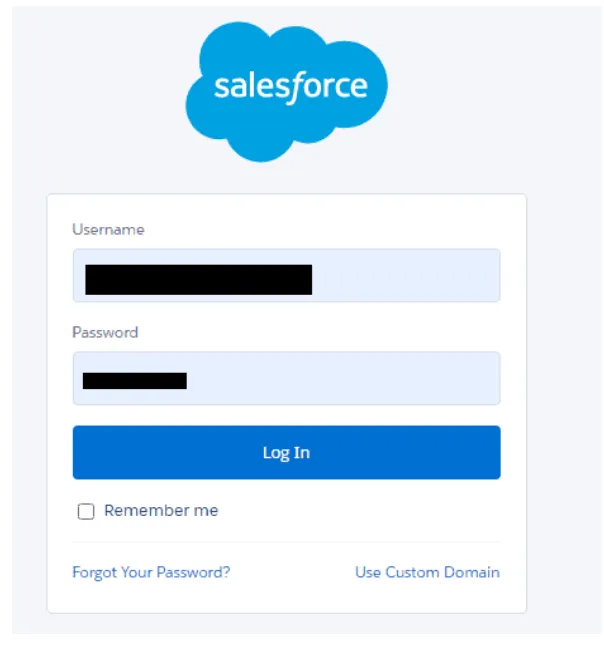 Salesforce login screen with Username and Password fields and a Log In button