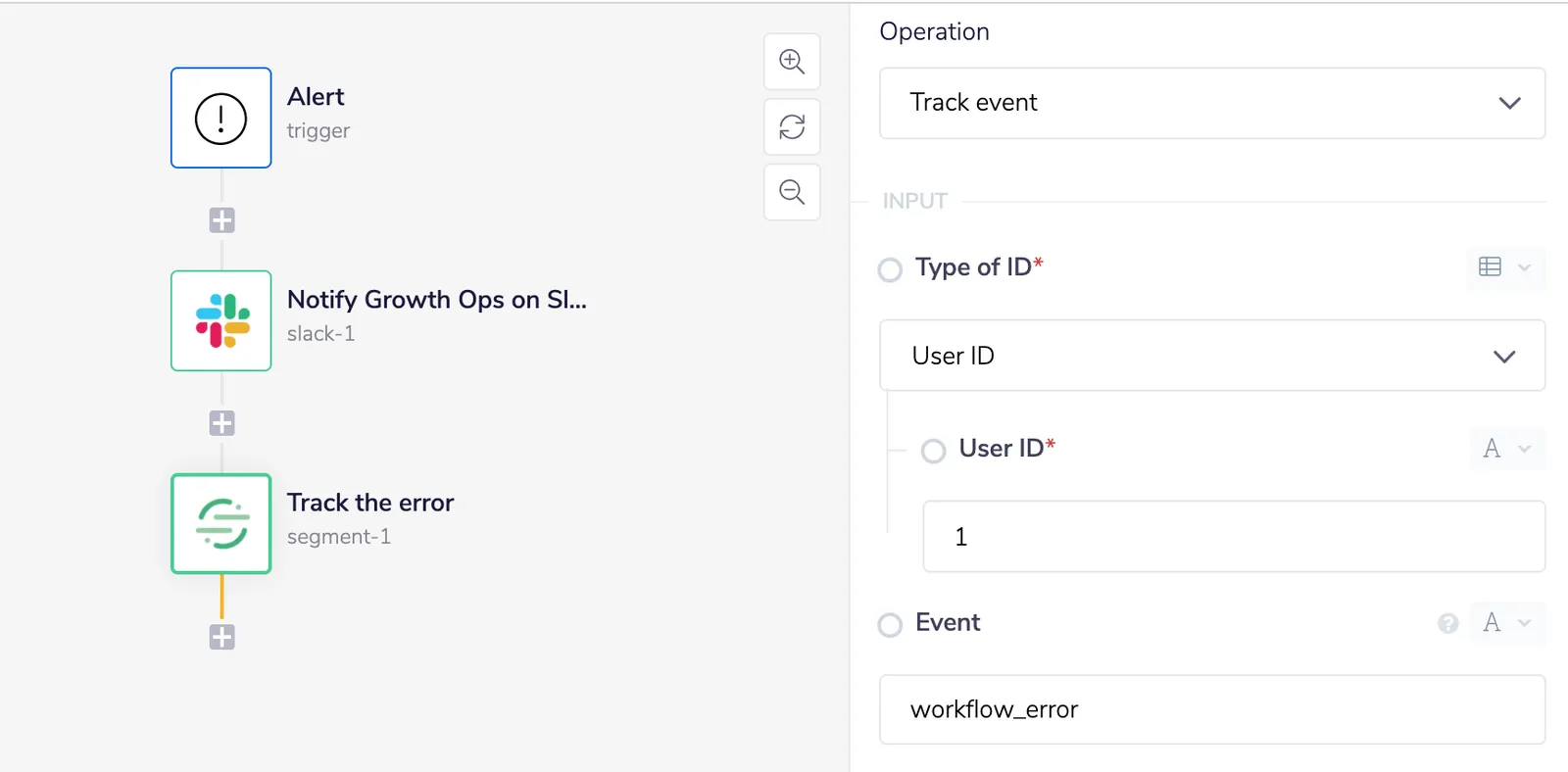 Tray workflow with Alert trigger, Notify Growth Ops on Slack and Track the error Segment step configured with the Track event operation and event name workflow_error.