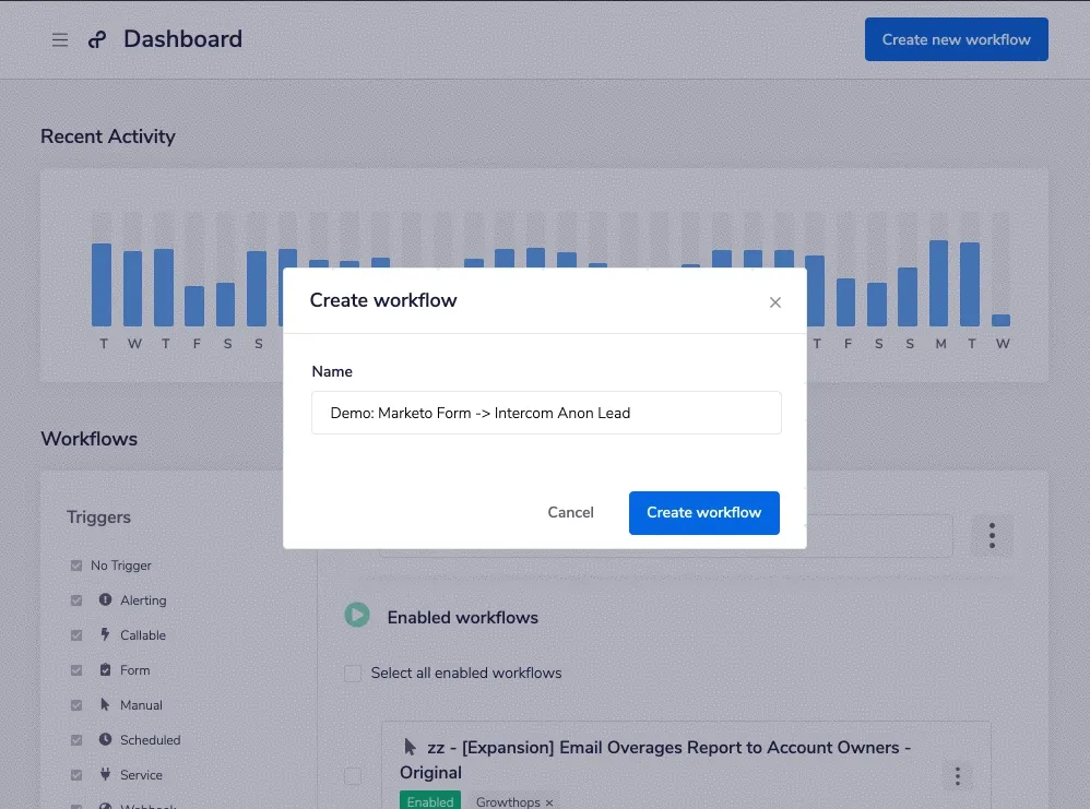 Tray dashboard showing the Create workflow modal with the name "Demo: Marketo Form -> Intercom Anon Lead" being typed in.
