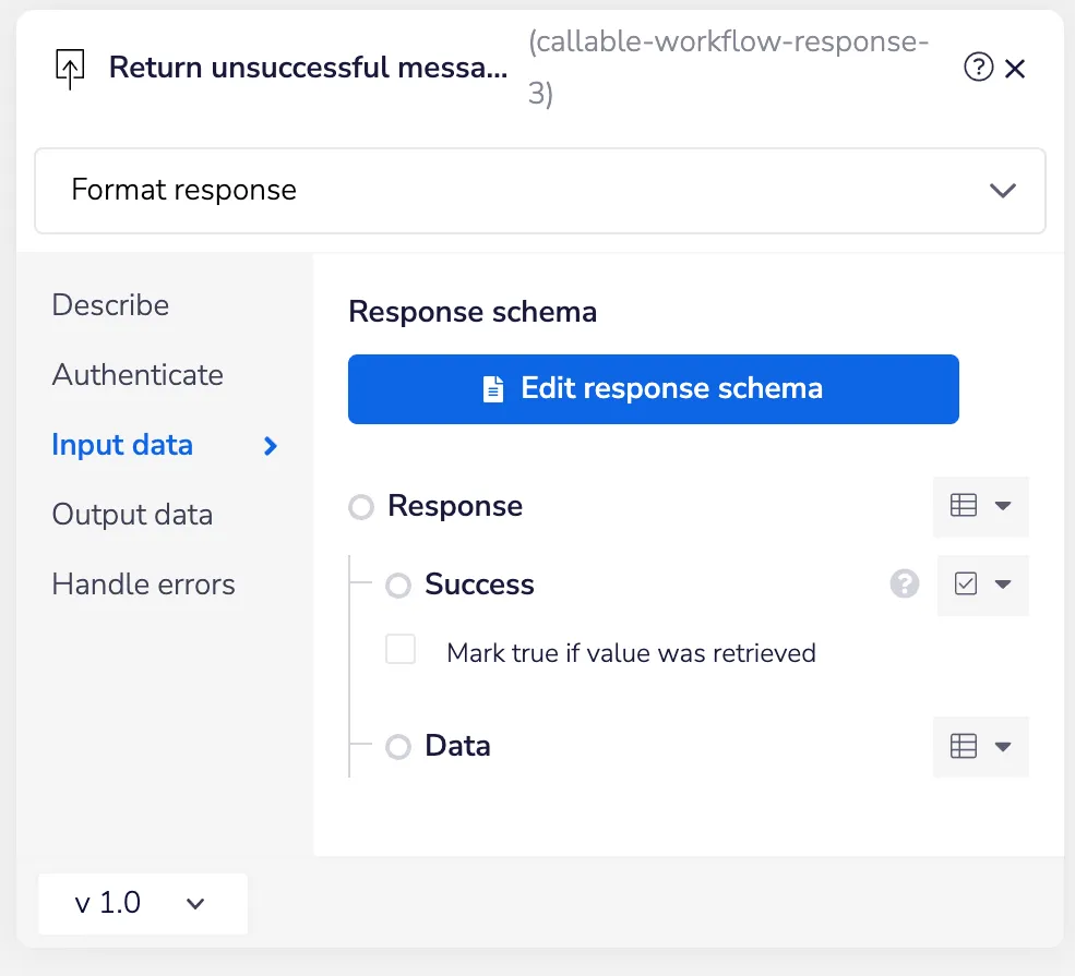 Tray "Return unsuccessful message" callable response config — Success unchecked and Data empty