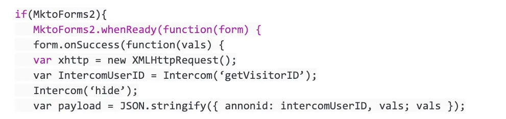 GTM JavaScript snippet wrapping MktoForms2.whenReady and form.onSuccess, grabbing the Intercom visitor ID and JSON-stringifying a payload of annonid plus form vals.