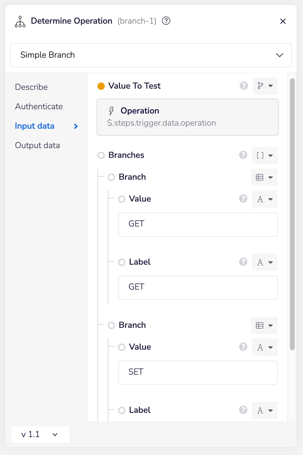 Tray Determine Operation branch config — Value To Test bound to $.steps.trigger.data.operation, with branches for values GET and SET