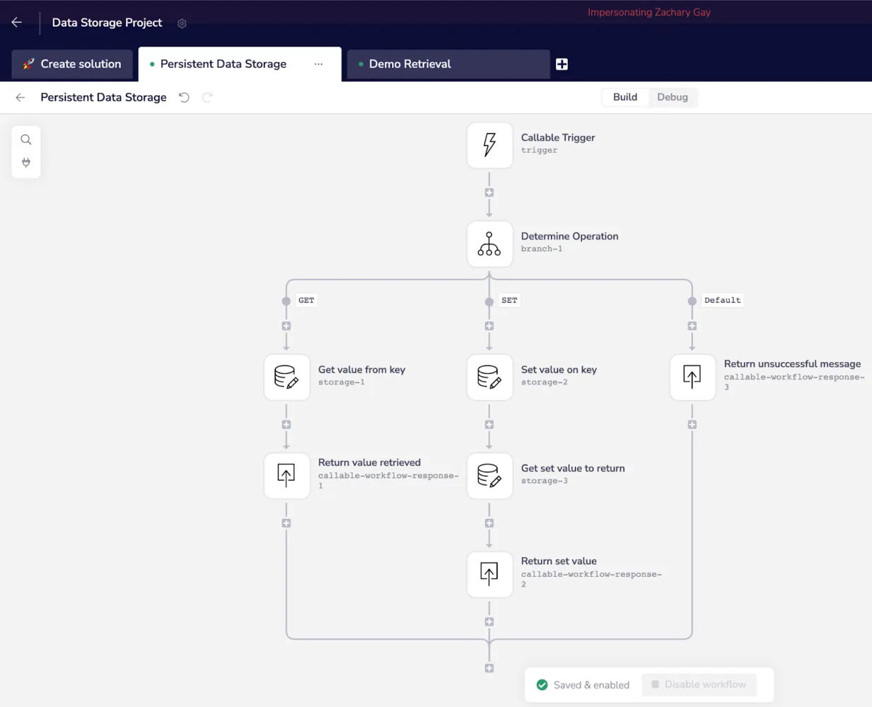 Tray.io Persistent Data Storage workflow: Callable Trigger → Determine Operation branch into GET, SET, and Default paths, each calling Data Storage and returning a Callable Response