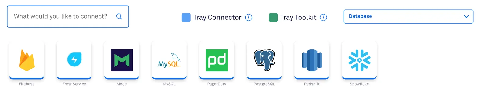 Tray connector picker filtered to the Database category showing options including Firebase, FreshService, Mode, MySQL, PagerDuty, PostgreSQL, Redshift, and Snowflake.
