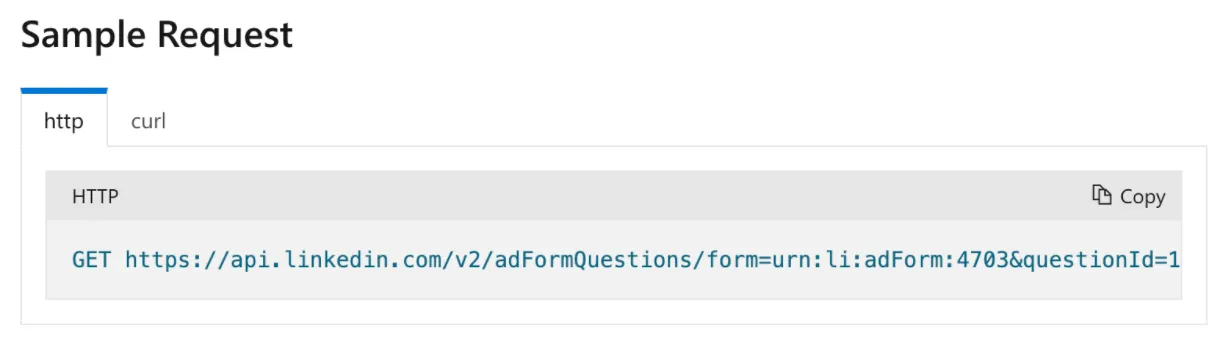 Sample HTTP GET request to api.linkedin.com adFormQuestions endpoint with adForm URN and questionId parameters