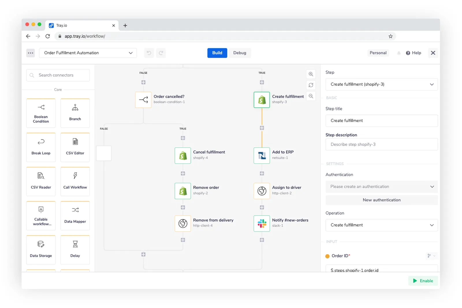 Tray workflow branching on Order cancelled?: the new-order path creates a fulfillment, adds to ERP, assigns a driver, and notifies #new-orders; the cancelled path cancels and removes the order