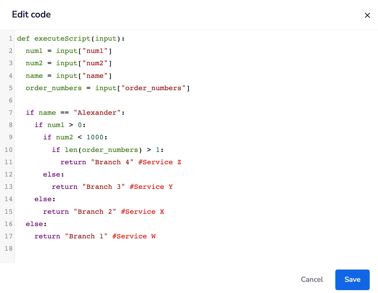 Python script in Tray's code editor with nested if statements that mirror the original boolean structure, returning Branch 1-4 to map to Services W-Z