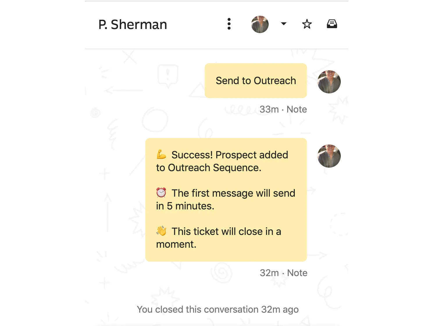 Intercom conversation showing a "Send to Outreach" note followed by an automated confirmation: prospect added to Outreach sequence, first message sends in 5 minutes, ticket will close