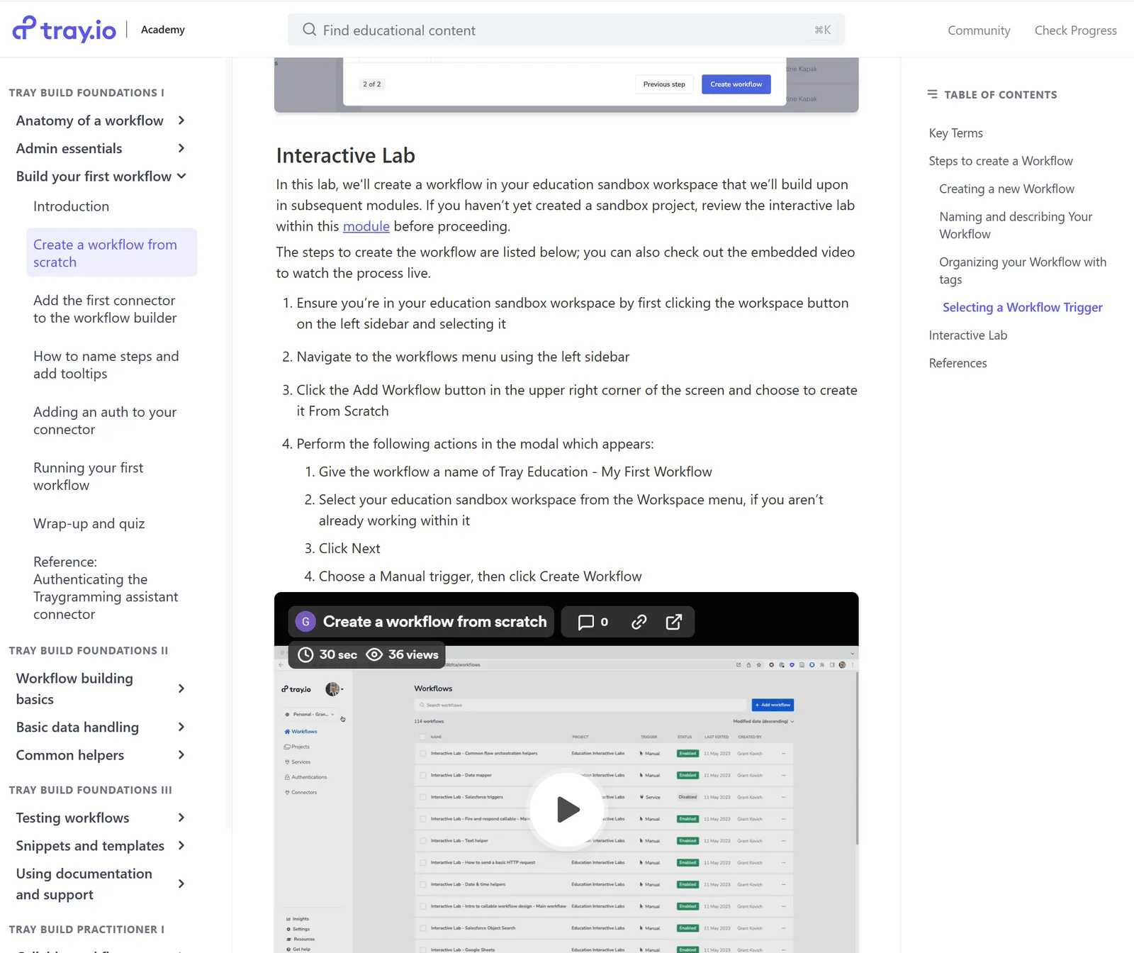 Tray Academy interactive lab lesson "Create a workflow from scratch" with step-by-step instructions and an embedded tutorial video.