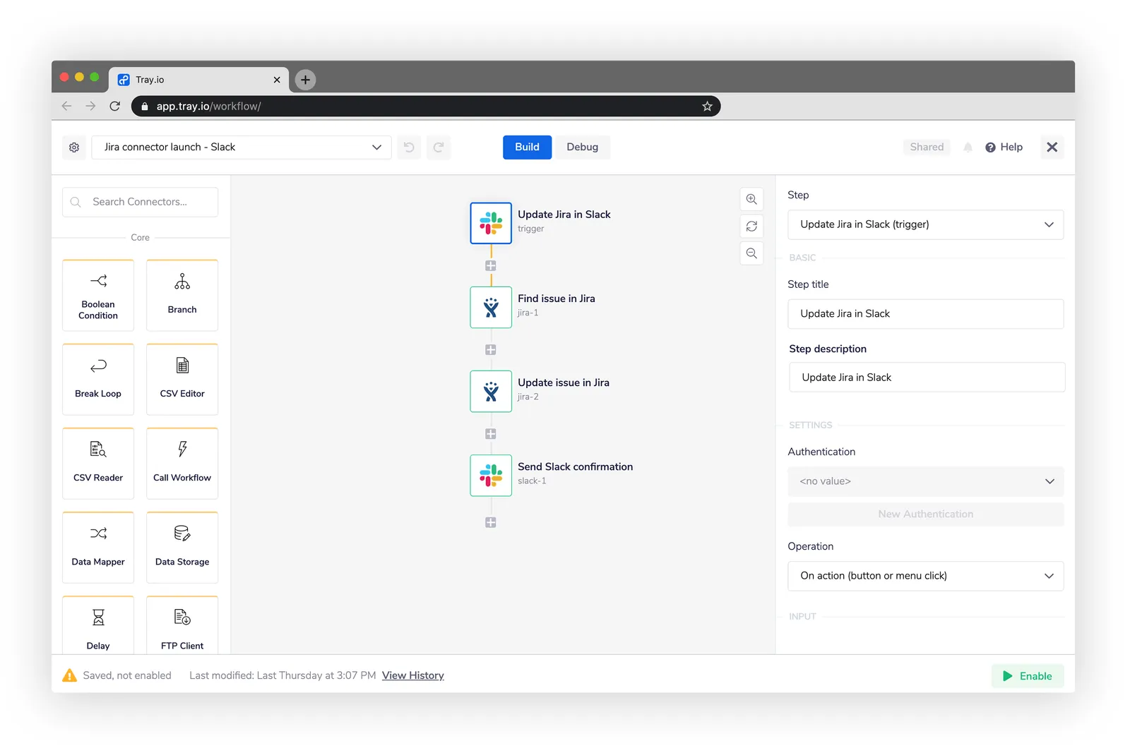 Tray.io workflow builder showing a Jira-Slack workflow: Update Jira in Slack trigger → Find issue in Jira → Update issue in Jira → Send Slack confirmation