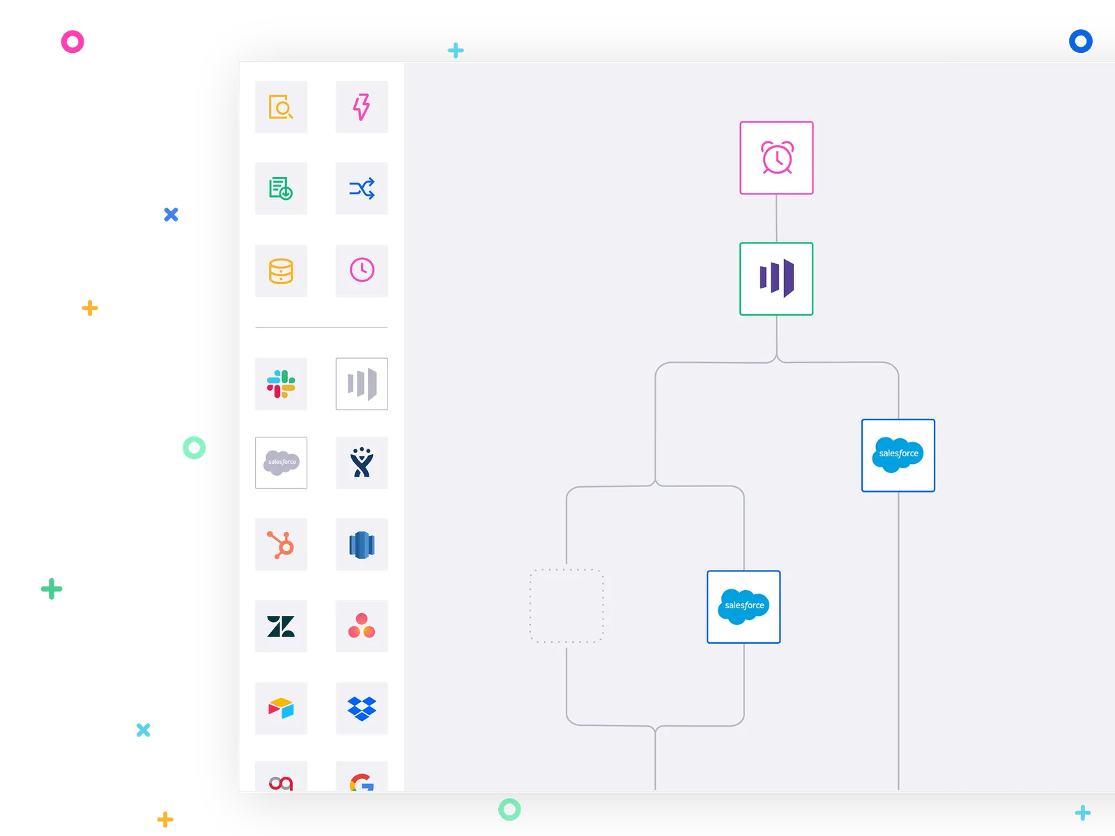 Stylized Tray.ai workflow canvas with a scheduled trigger feeding into Marketo and branching to Salesforce, alongside a connector palette of Slack, Salesforce, HubSpot, Zendesk, Asana, and others